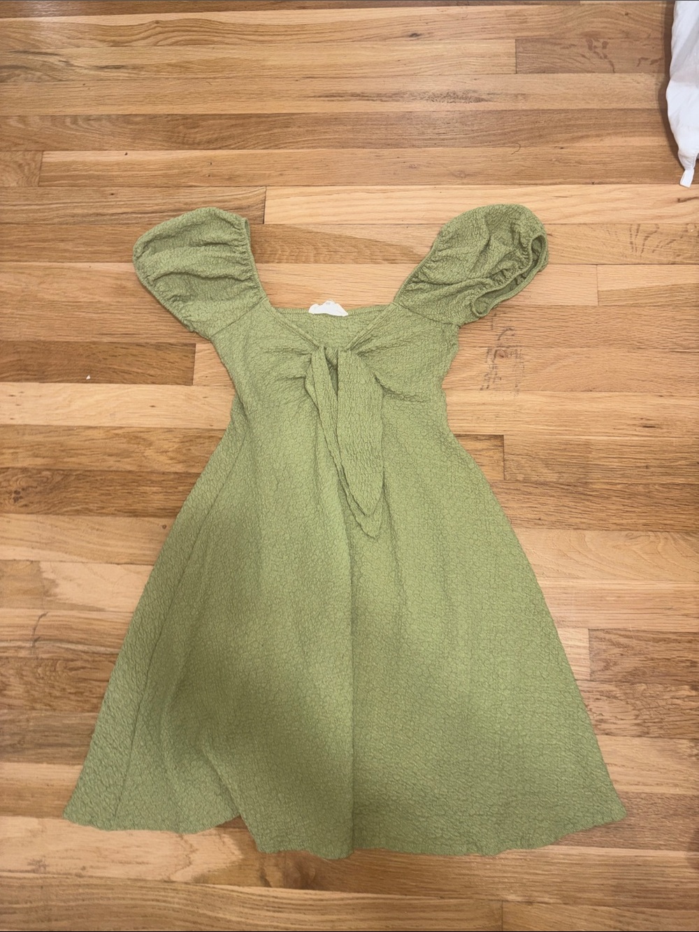 Green Puff Sleeve Tie-Front Mini Dress